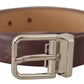 Brown Classic Leather Silver Logo Metal Buckle Belt