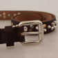 Brown Leather Studded Silver Metal Buckle Belt