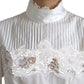 White Cotton Lace Trim Turtle Neck Top Blouse