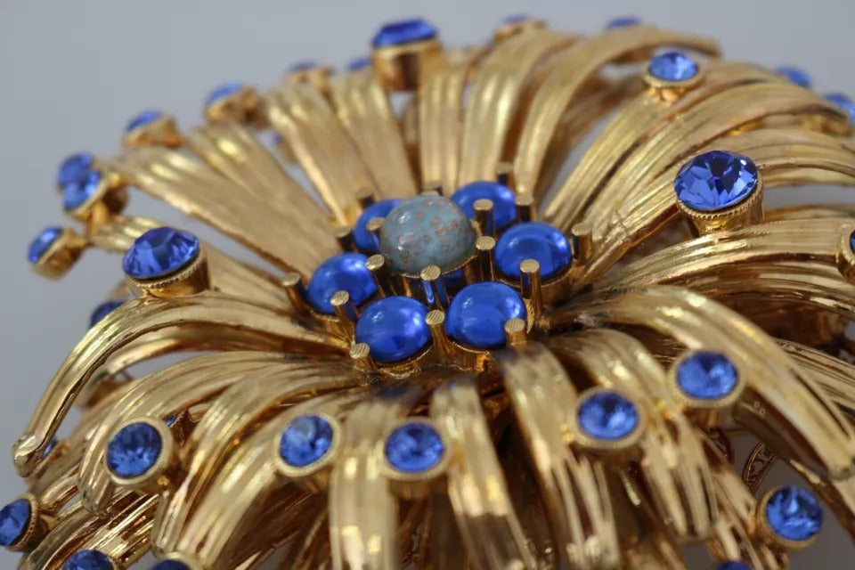 Gold Brass Blue Crystals Embellished Jewelry Brooch