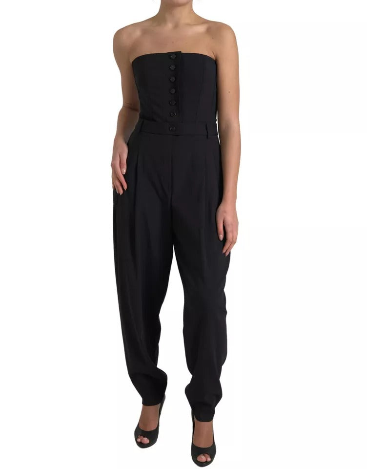 Black Wool Stretch Strapless Jumpsuit Dress