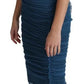 Blue Draped Tulle Midi Sheath Cotton Dress