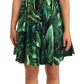 Green Leaves Print Cotton Flared Mini Dress