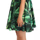 Green Leaves Print Cotton Flared Mini Dress