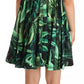 Green Leaves Print Cotton Flared Mini Dress