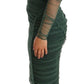 Green Ruched Stretch Tulle Crystal Midi Dress