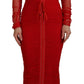 Red Mesh Trim Bodycon Sheath Midi Dress