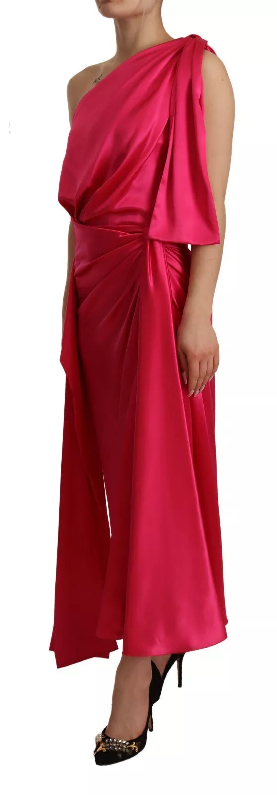 Silk Pink Fitted Cut One Shoulder Midi Dress