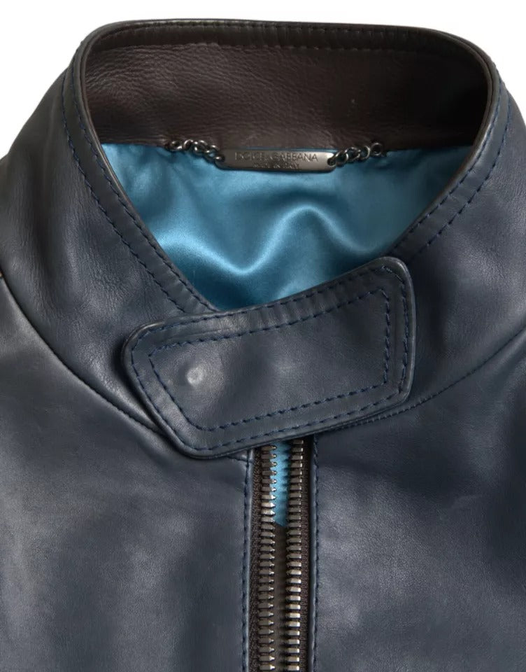 Blue Leather Full Zip Biker Blouson Jacket