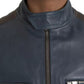 Blue Leather Full Zip Biker Blouson Jacket