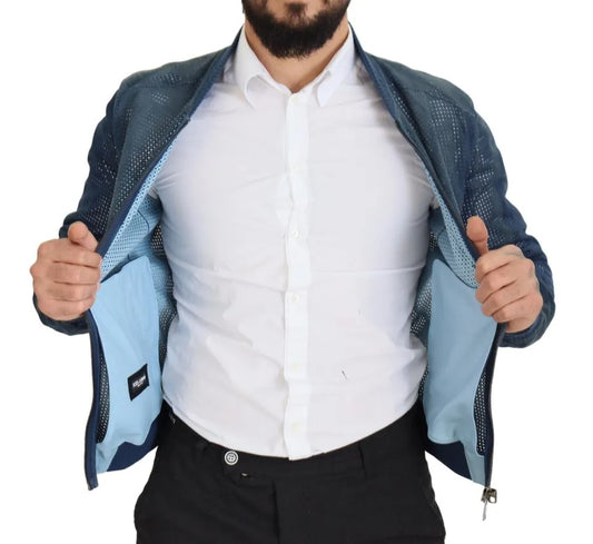 Blue Leather Perforated Full Zip Jacket