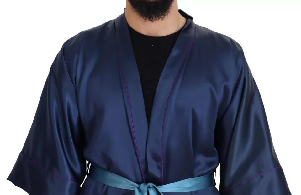 Blue Satin Silk Waist Belt Robe Jacket