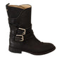 Black Leather Buckle Mid Calf Boots Shoes