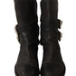 Black Leather Buckle Mid Calf Boots Shoes