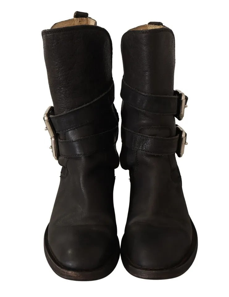 Black Leather Buckle Mid Calf Boots Shoes