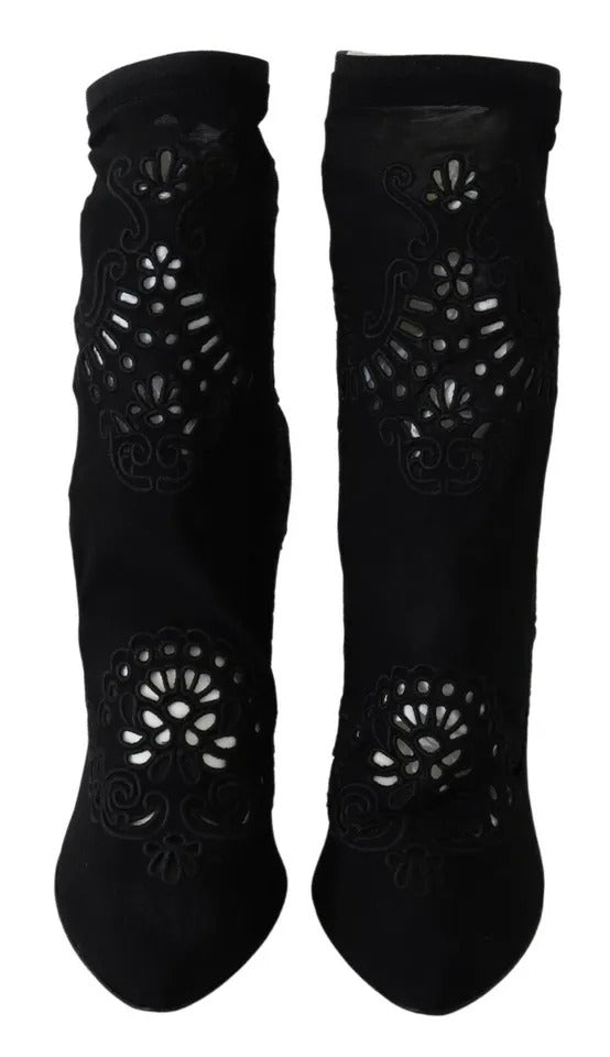 Black Stretch Pumps Boots Floral Lace Shoes