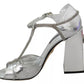 Silver Crystals T-strap Sandals Leather Shoes