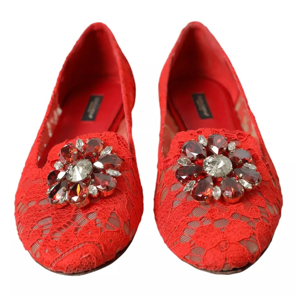 Red Lace Crystal Ballet Loafers Shoes