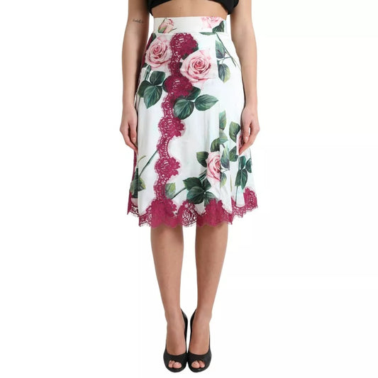 White Rose Print High Waist Midi A-line Skirt