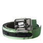 Green Leather Jacquard Silver Metal Buckle Belt