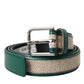 Green Beige Leather Weaved Metal Buckle Belt