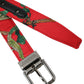 Red Leather Jacquard Silver Metal Buckle Belt