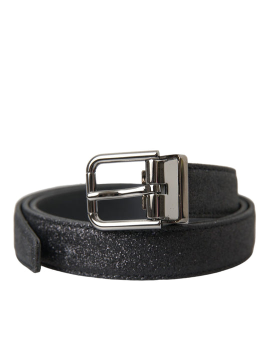 Black Glittered Leather Silver Buckle Belt