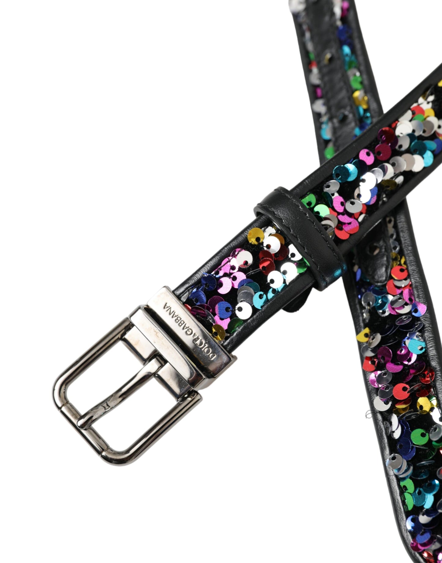 Black Sequined Silver Metal Buckle Women Belt