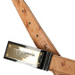 Beige Leather Gold Logo Engraved Buckle Belt