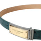 Green Leather Gold Logo Engraved Buckle Belt