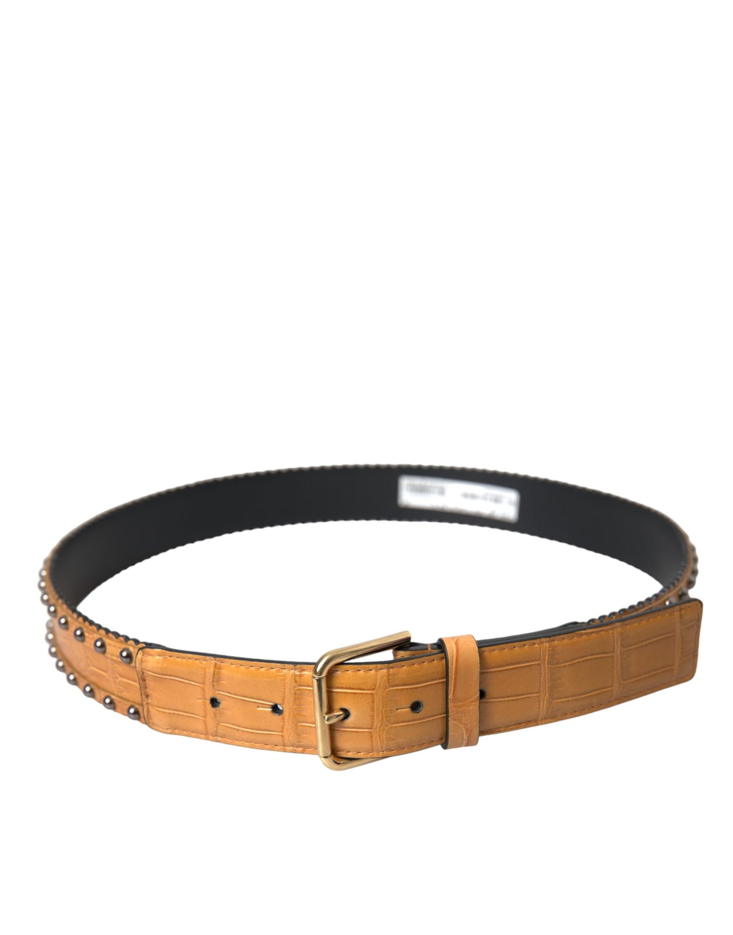 Beige Alligator Leather Studded Metal Buckle Belt