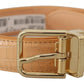 Beige Exotic Leather Gold Metal Buckle Belt