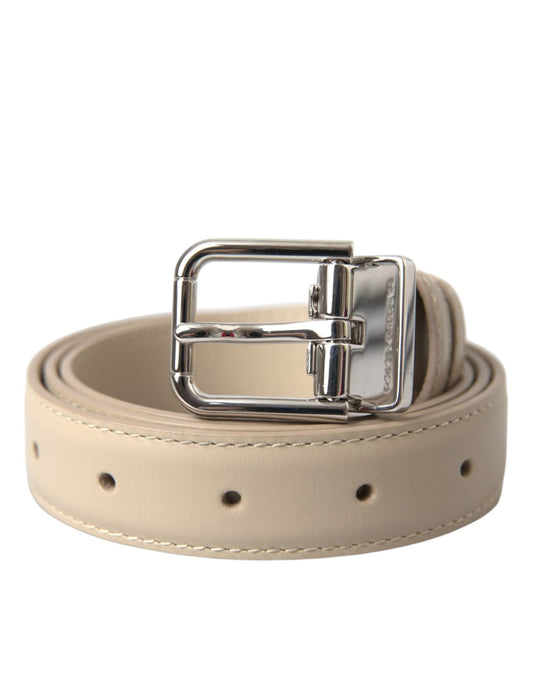 Beige Calfskin Leather Silver Metal Buckle Belt