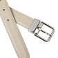 Beige Calfskin Leather Silver Metal Buckle Belt