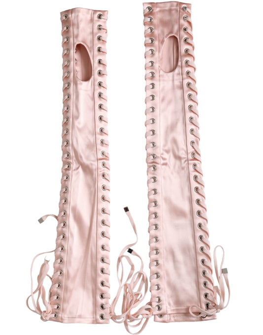 Pink Acetate Lace Up Fingerless Gloves