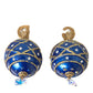 Gold Brass Blue Dangle Christmas Ball Crystal Clip On Earrings