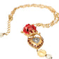 Gold BrassChain Sacred Heart Rose Crystal Charm Necklace