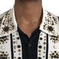 White Black Silk Studded Stone Crystal Shirt