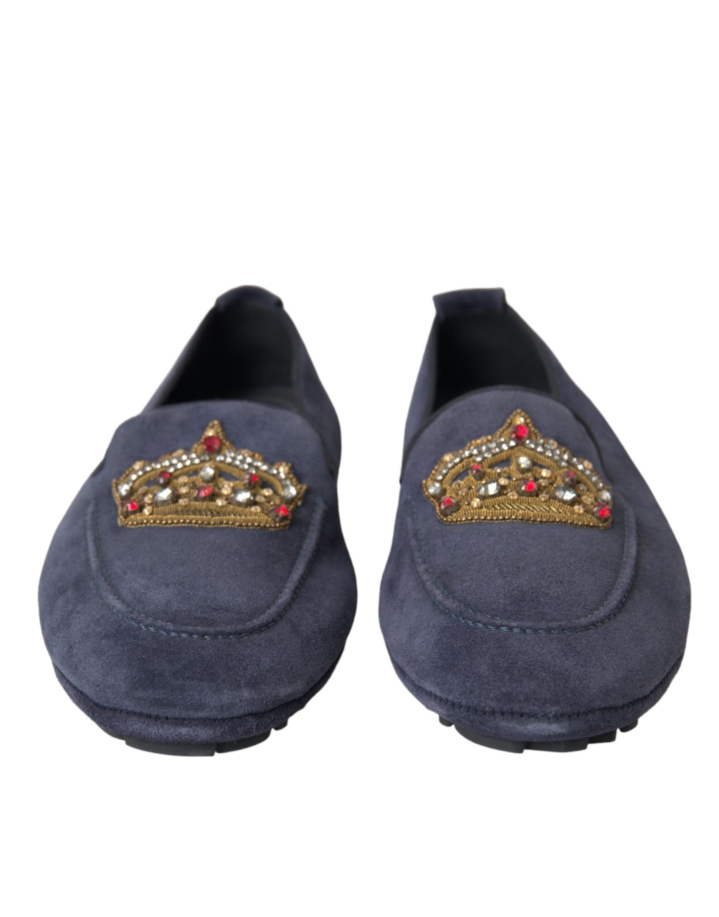 Blue Leather Suede Crystal Crown Loafers Shoes