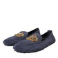 Blue Leather Suede Crystal Crown Loafers Shoes