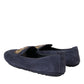 Blue Leather Suede Crystal Crown Loafers Shoes