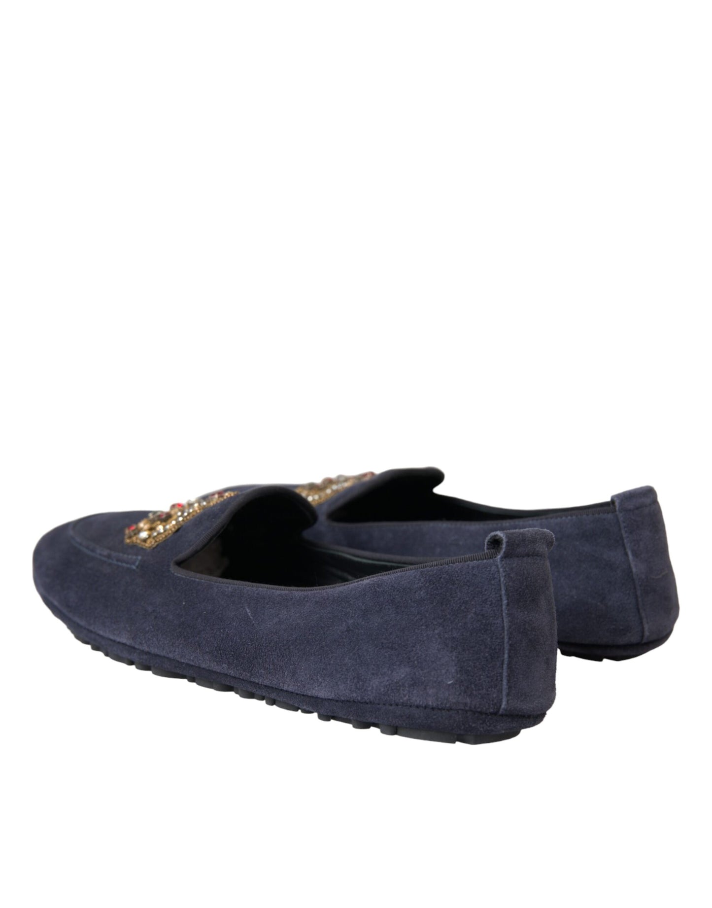 Blue Leather Suede Crystal Crown Loafers Shoes