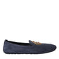 Blue Leather Suede Crystal Crown Loafers Shoes