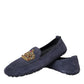 Blue Leather Suede Crystal Crown Loafers Shoes