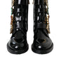 Black Leather Crystal Buckles Boots Shoes