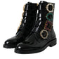 Black Leather Crystal Buckles Boots Shoes