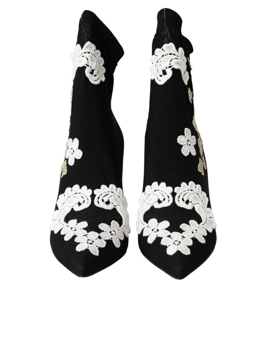 Black White Embroidery Slip On Boots Shoes