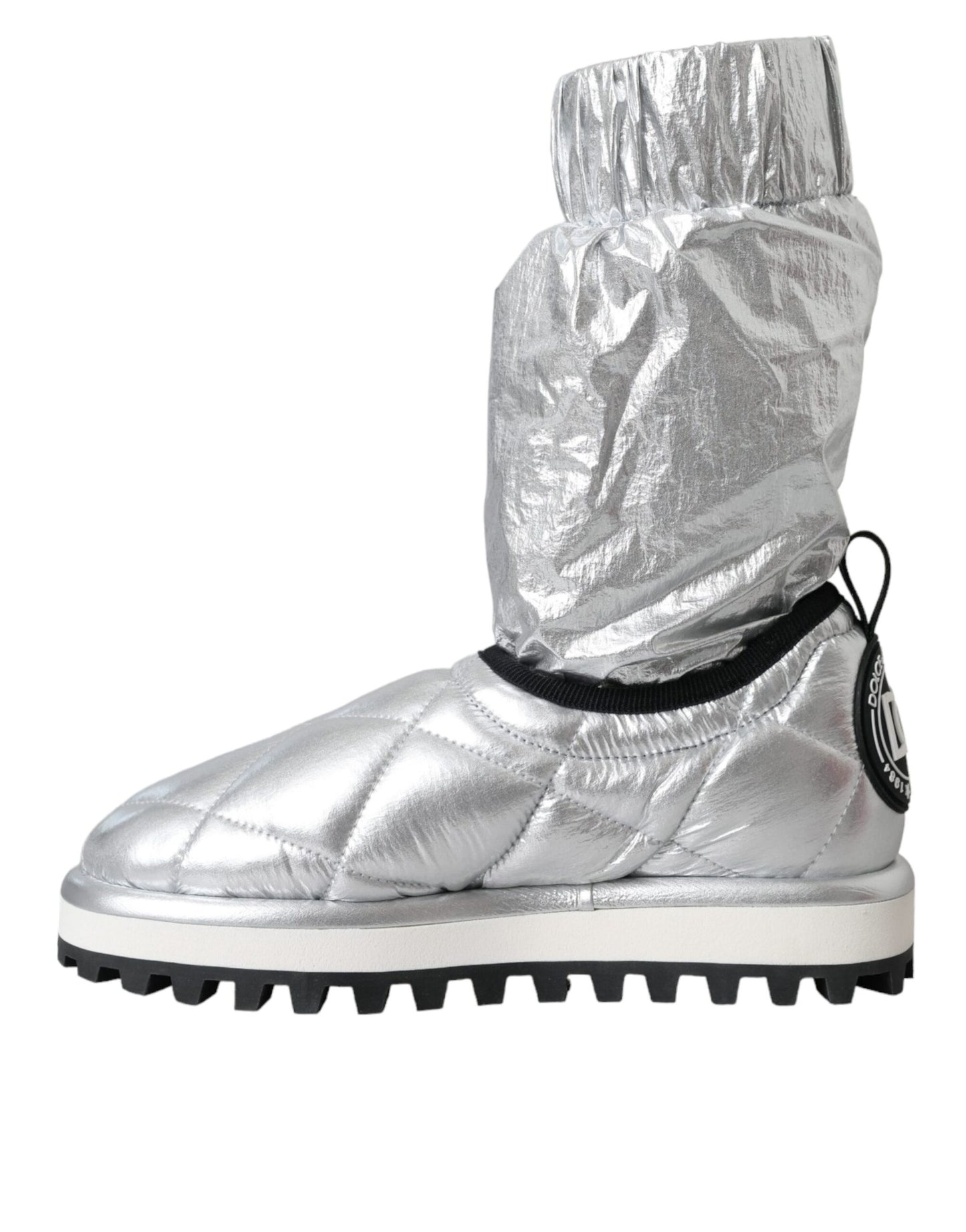 Metallic Silver Quilted Logo Patch Boot Shoes