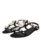 Black Leather Crystal Flats Sandals Shoes