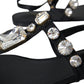 Black Leather Crystal Flats Sandals Shoes